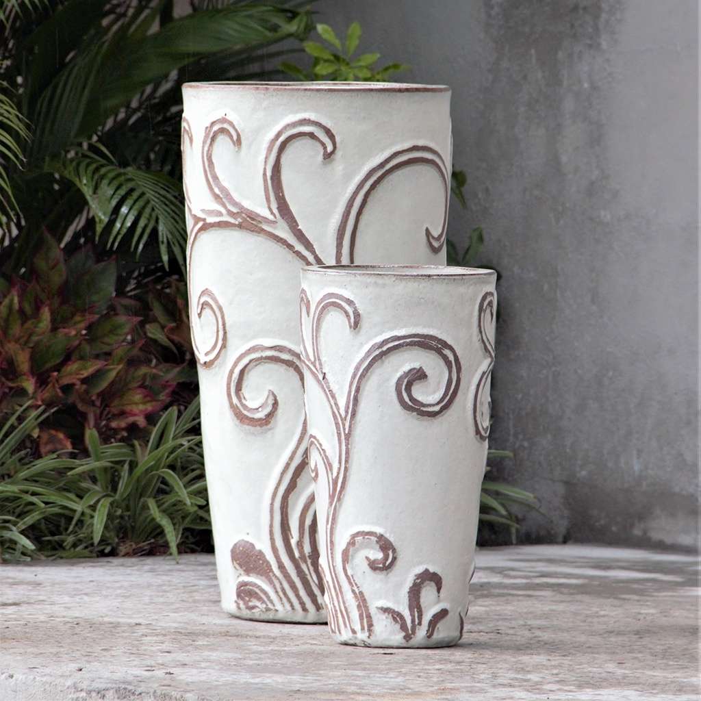 Wholesale white tapered planter pot with embossed swirl pattern