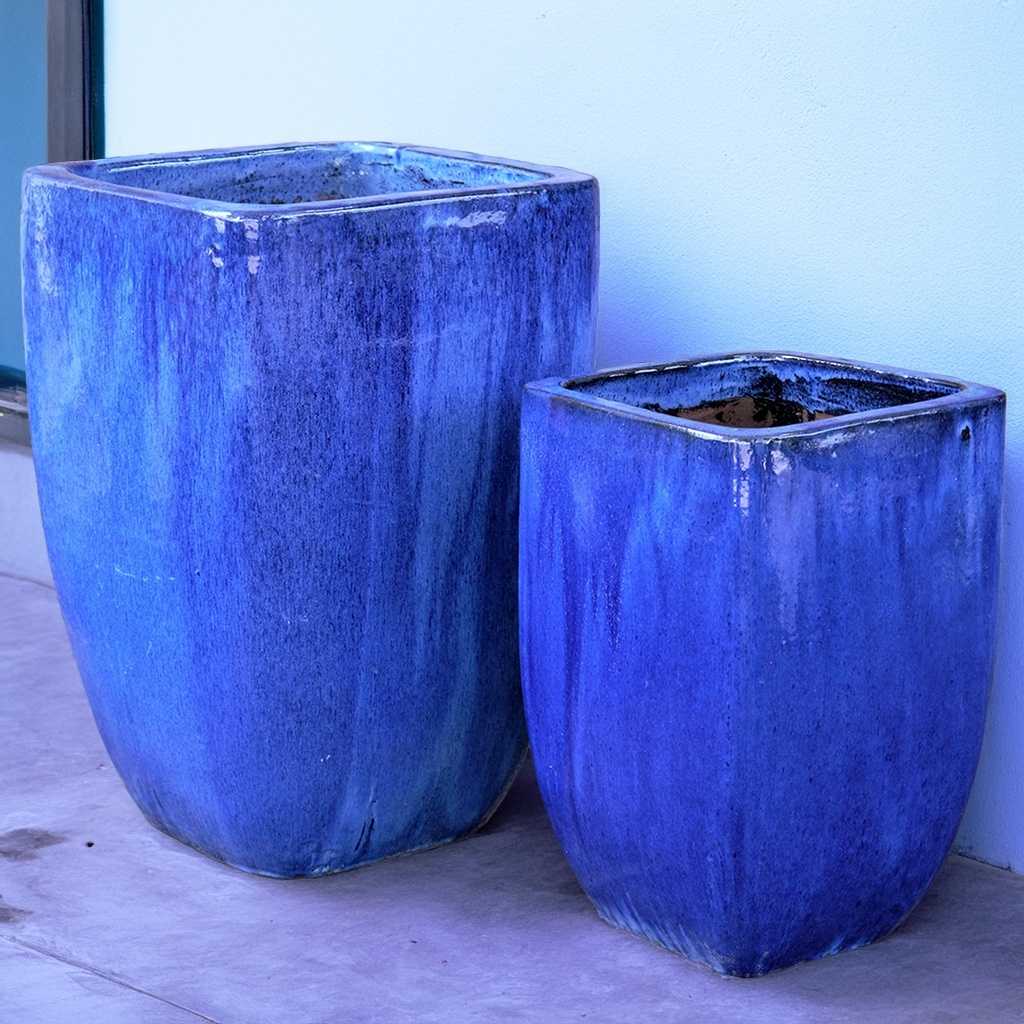 blue ceramic outdoor plant pots Wholesale Tall Cube Planter (Set of 2)