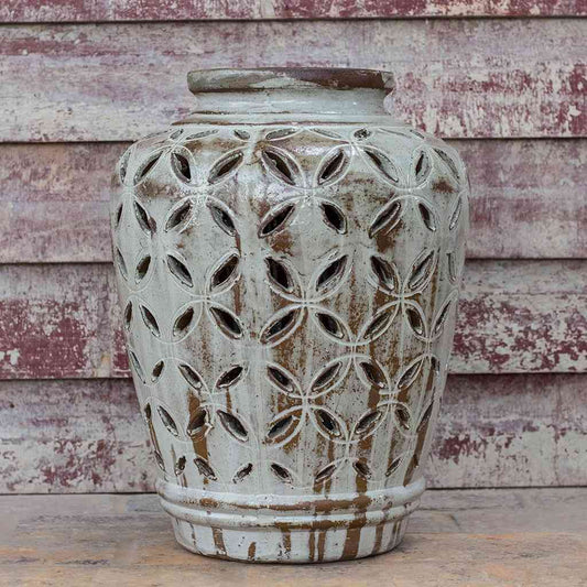 Wholesale Tall Tuscany Carved Lantern floor vase in ivory with intricate brown accents