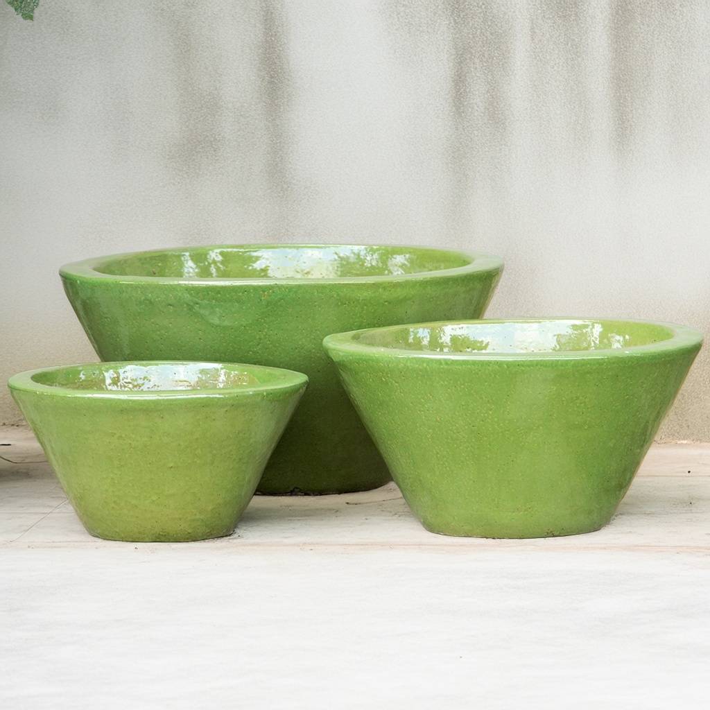 Apple green cone-shaped ceramic low bowl planters with wide rims