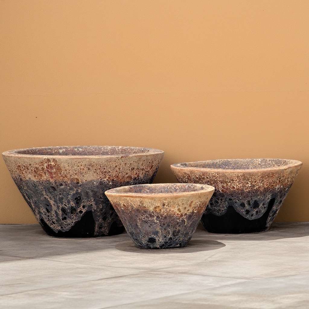 Cone-shaped low bowl ceramic planters with wide rims, featuring a textured organic pattern in earthy browns, beiges, and grays