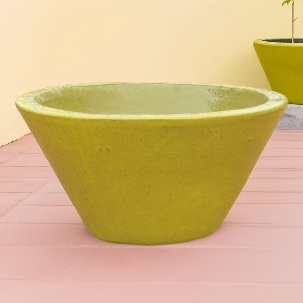 Cone-shaped low bowl ceramic planters in yellow with wide rims