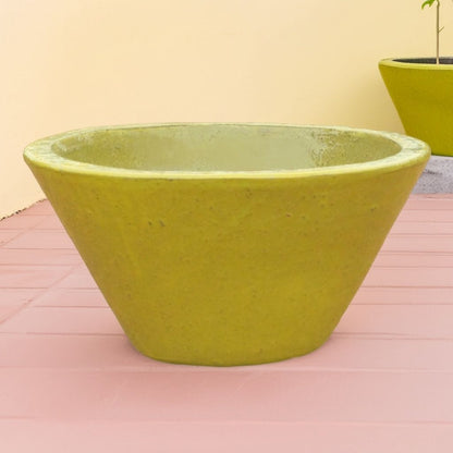 Cone-shaped low bowl ceramic planters in yellow with wide rims