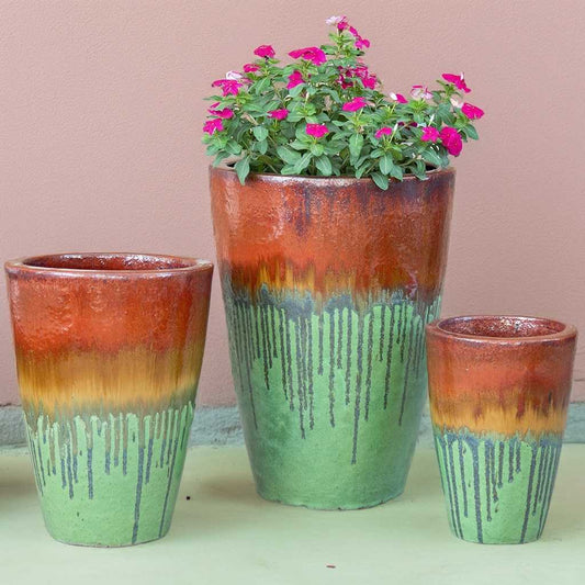 Wholesale Tall cylinder planters in green with orange-brown vertical drip glaze for a striking, earthy finish