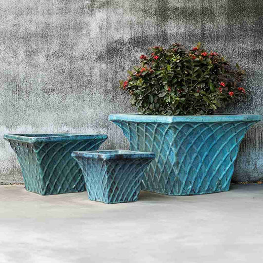 Wholesale Square-flared ceramic planters in blue-green with a textured woven pattern