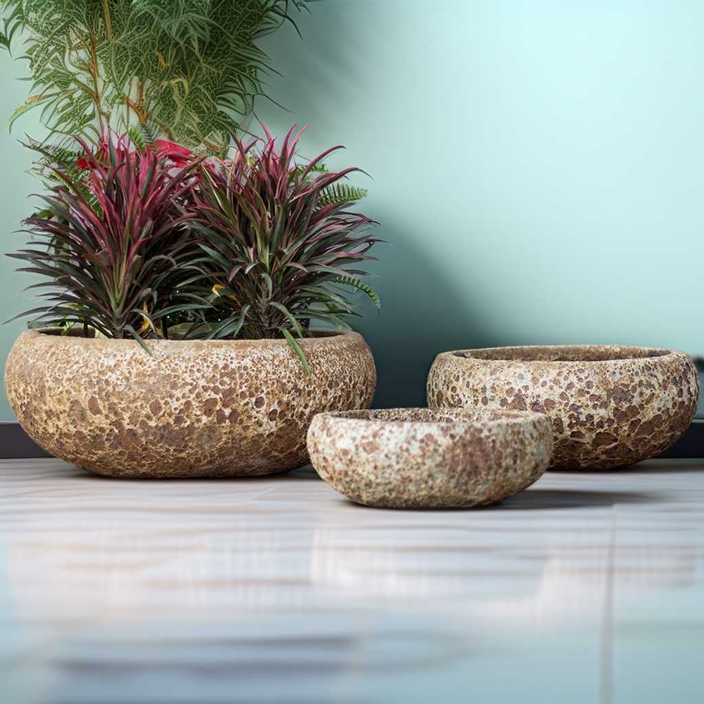 Wholesale Low bowl planters in brown with mottled, barnacle-like patterns, featuring a distressed finish for a rugged, weathered appearance
