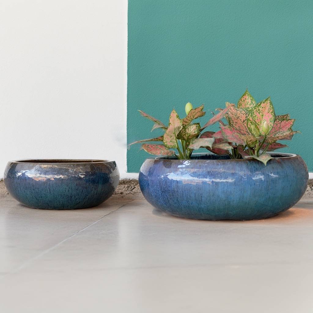 Low bowl planters in a deep blue hibachi-style glaze, featuring a smooth, glossy finish with subtle textural details