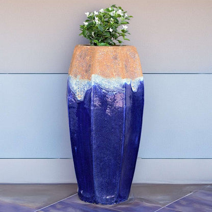 Wholesale Tall fluted ceramic planters in deep blue with a textured gray and rustic rim