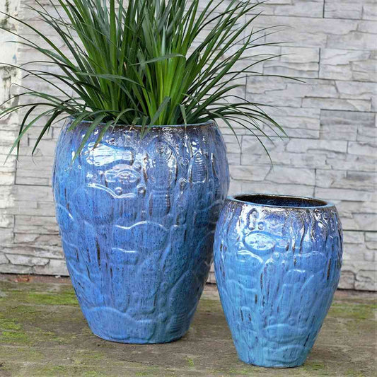 8405 Embossed Aquatic Design Ceramic Planter - Set of 2