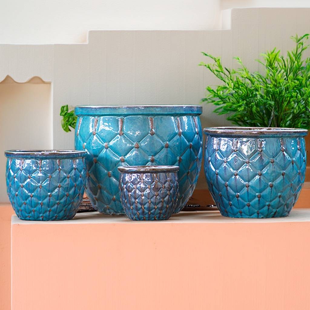 Wholesale Quilted ceramic planters in blue with brown accents