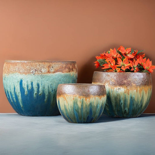 Wholesale Two-tone glazed ceramic planters featuring blue and green hues with brown and gold drip-effect accents
