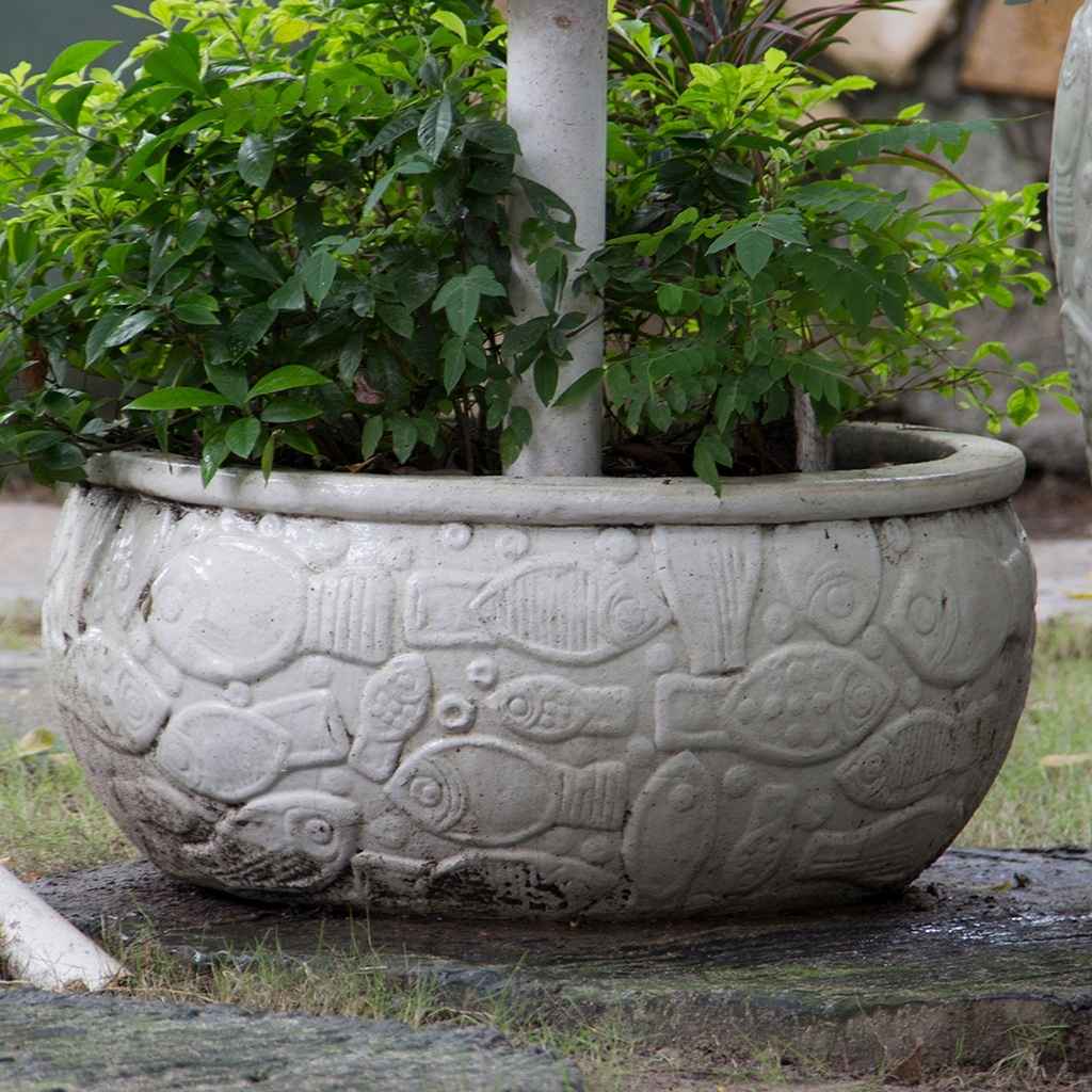 Tuscany Relief ceramic bowl planter in white, featuring elegant raised detailing and a smooth, classic finish