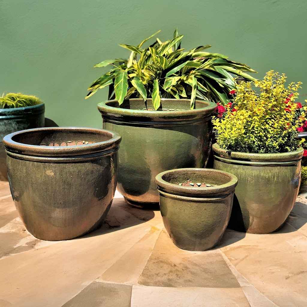 Wholesale Classic rounded ceramic planter in burnt green with a smooth, glossy finish