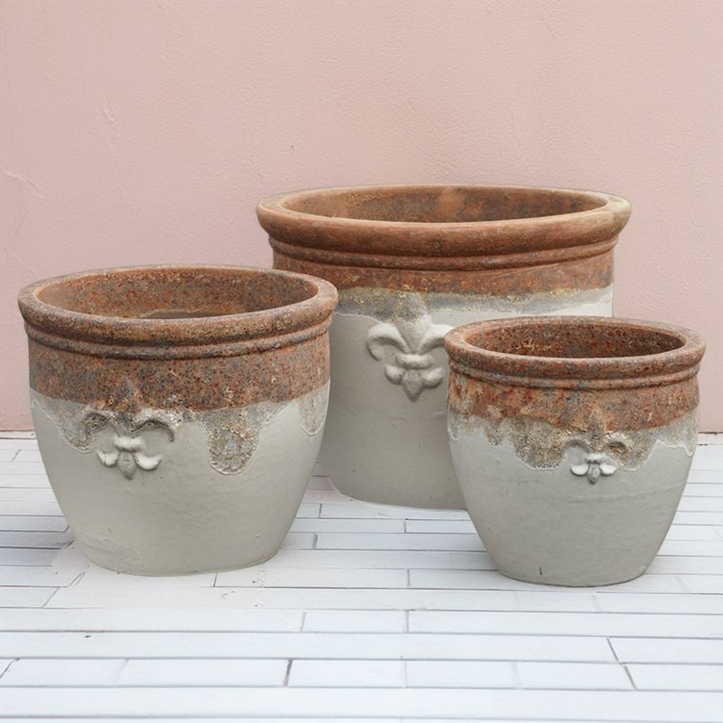 Round ceramic planters featuring elegant fleur-de-lis embossing in white, accented with a textured rustic rim for a classic, vintage-inspired look