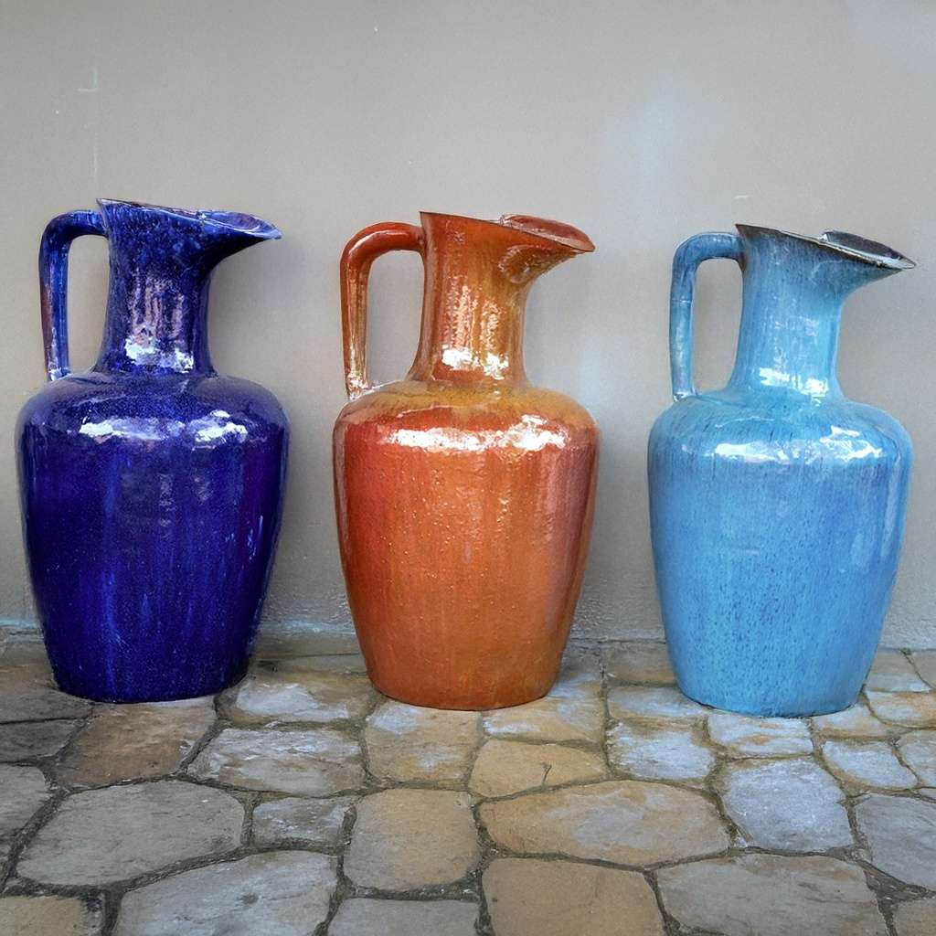 Wholesale Set of 3 elegant ceramic pitcher planters in dark blue, orange, and light blue