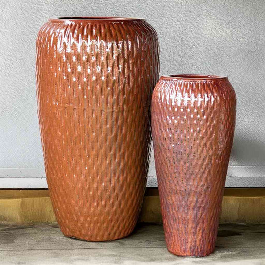 Wholesale Tall floor vase with a dimpled texture and a rich copper-red finish