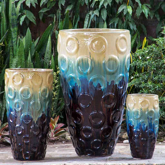 Wholesale Tri-color tall tapered planters in brown, turquoise, and cream, featuring an embossed circular pattern