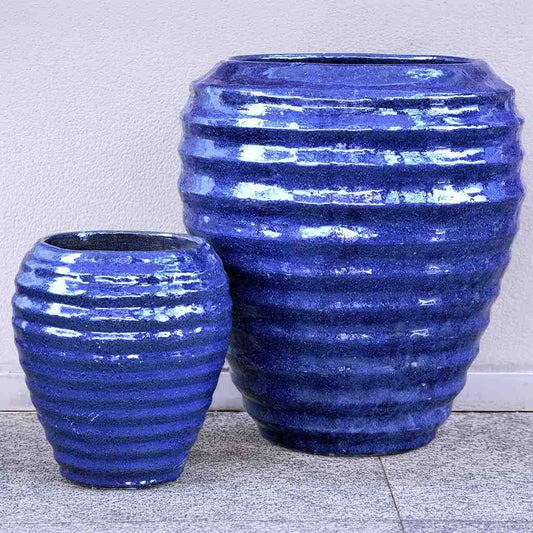 Wholesale set of 2 rounded ripple pots with wavy surface design in Indigo