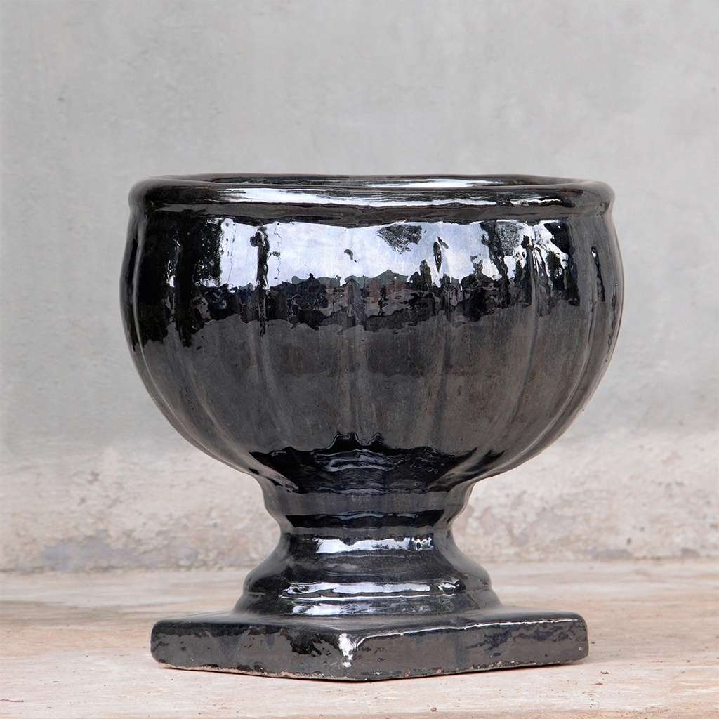 Round pedestal pot with a sleek, glossy black finish for a modern and elegant touch