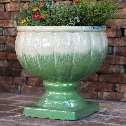 Wholesale round pedestal ceramic pot with a multi-toned green glaze for a refined, artistic touch