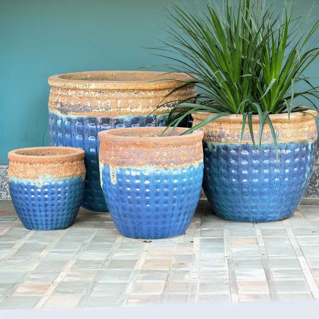 Wholesale Two-tone waffle-pattern pot in blue with a reddish-brown drip glaze effect