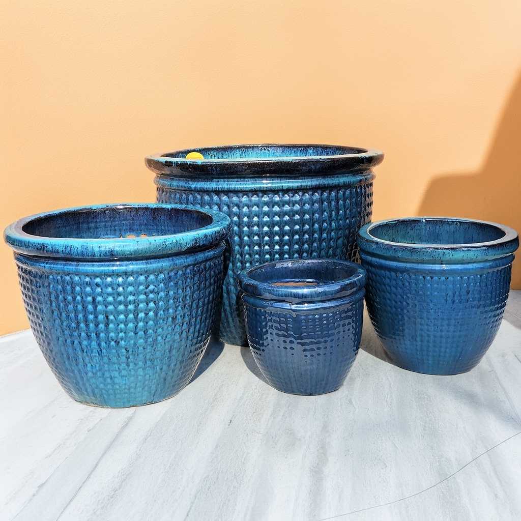 Wholesale Textured Blue Glazed Dimpled Planter