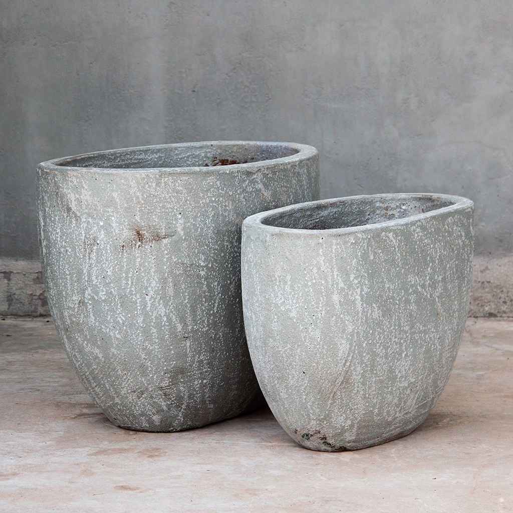 Bulk set of 2 oval ceramic planters with smooth asymmetrical rims