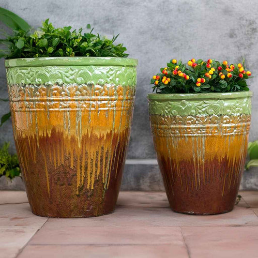 Bulk Tall round ceramic planter with embossed banding and an ombre glaze transitioning from light green at the top to amber in the middle and dark brown at the base