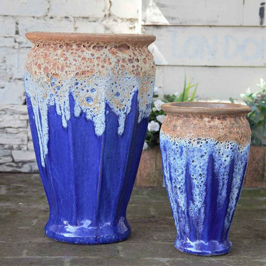 Wholesale Bubble-top flared planter in Angkor blue with a rounded, textured rim and smooth tapered body