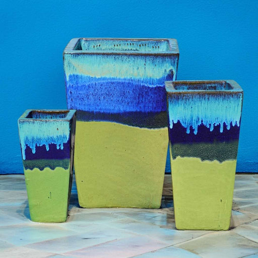 Wholesale set of 3 square tapered planter with a vibrant, coastal-inspired look in blue, light blue, and yellow