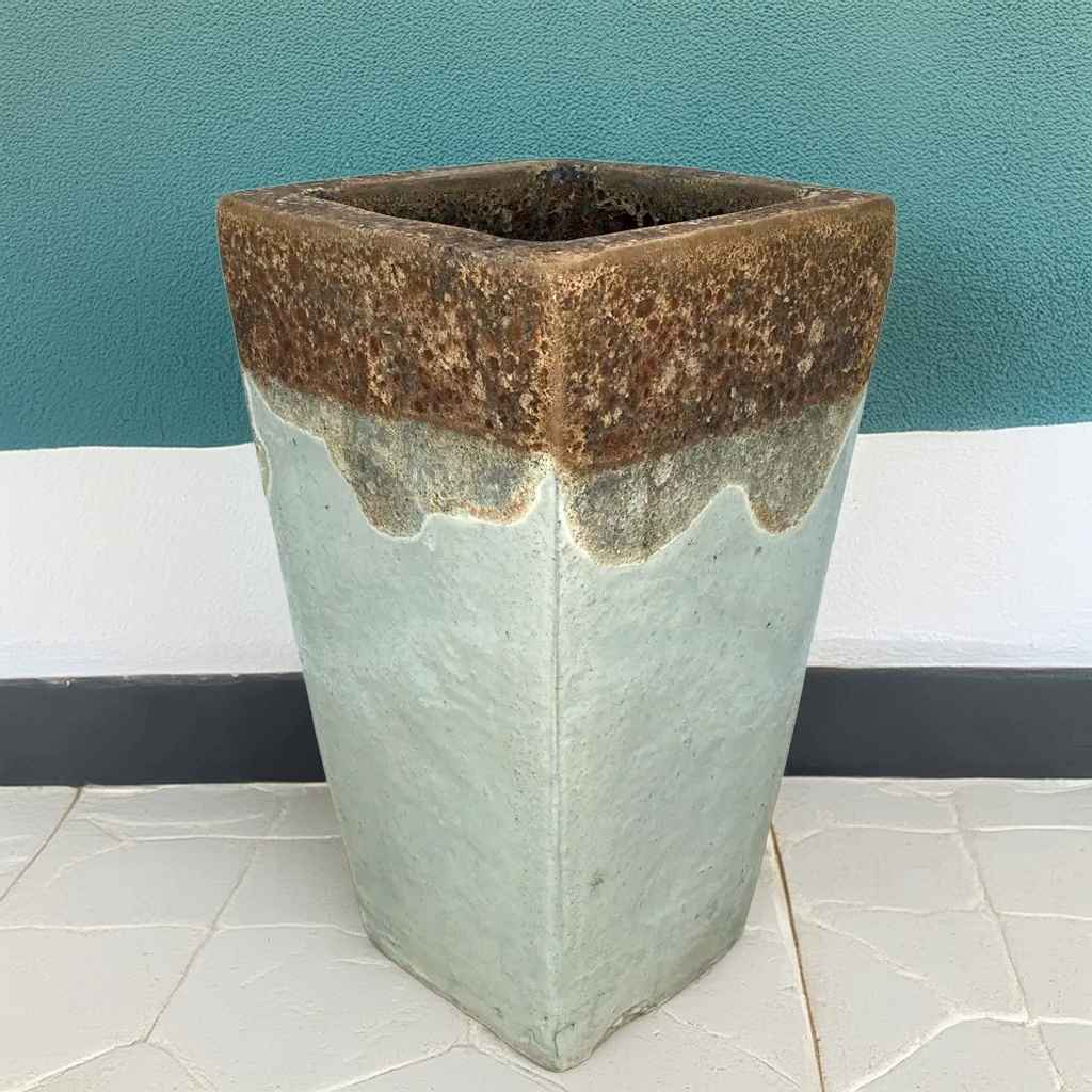 Square tapered planter in white with a rustic-toned top