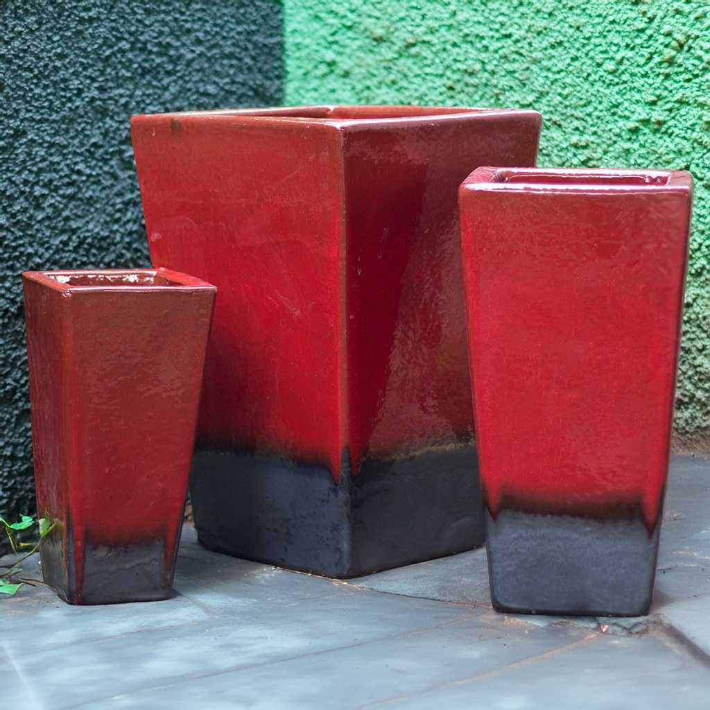 Set of 3 Square tapered planter with a bold, modern look in rich red and dark grey