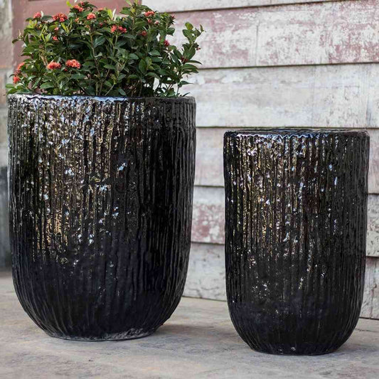 Wholesale Tall cylindrical planters with a glossy black ripple glaze texture