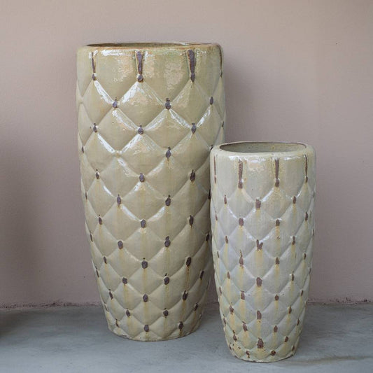 Wholesale Quilted tall ceramic planters in antique cream with a textured, diamond-patterned surface