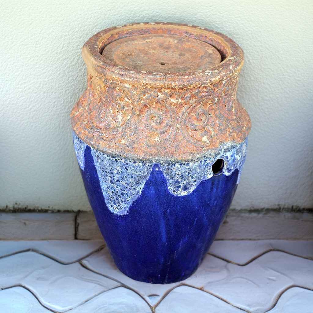 Wholesale Angkor Blue ceramic fountain featuring an etched rim with intricate detailing and a rich blue glaze