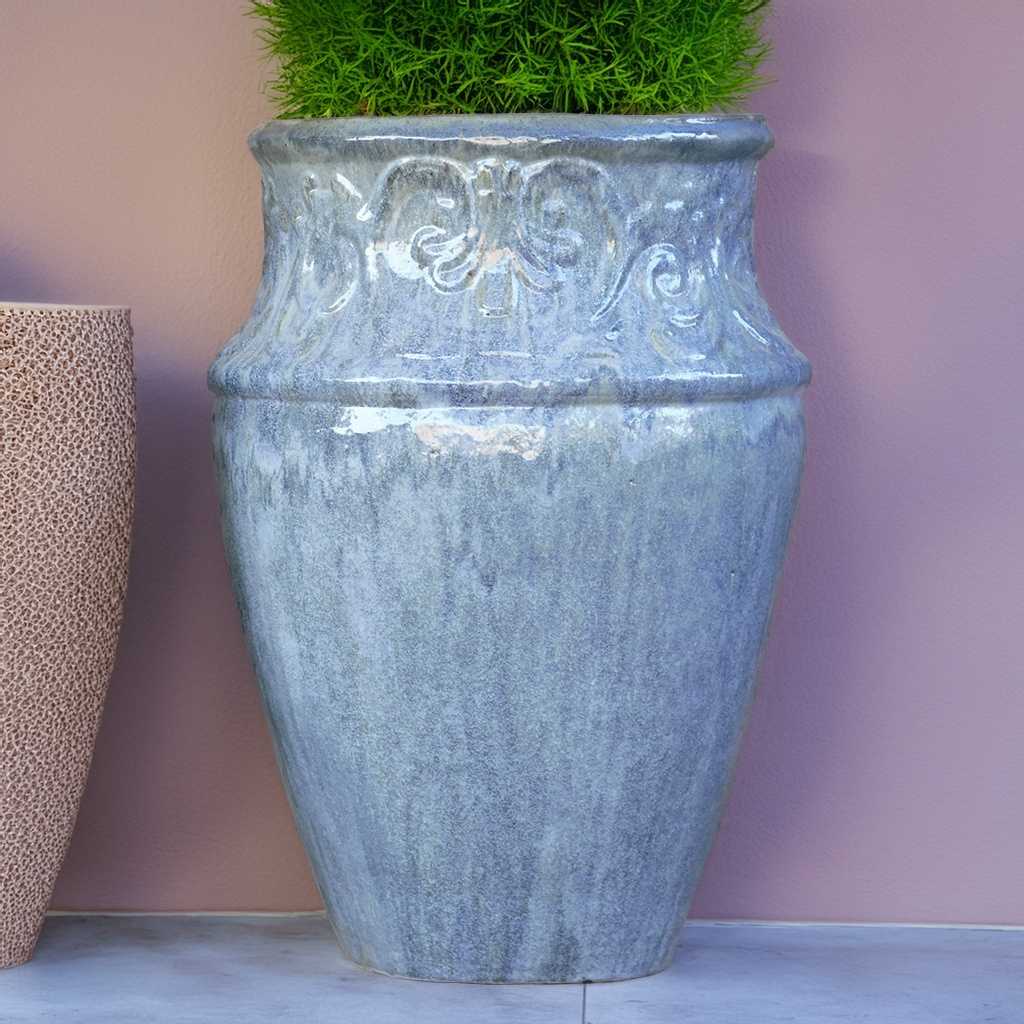 Vase-style ceramic planter with a smooth glazed gray finish and elegant curved silhouette