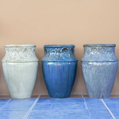 Set of 3 vase-style ceramic planters featuring antique white, glossy blue, and glossy gray finishes