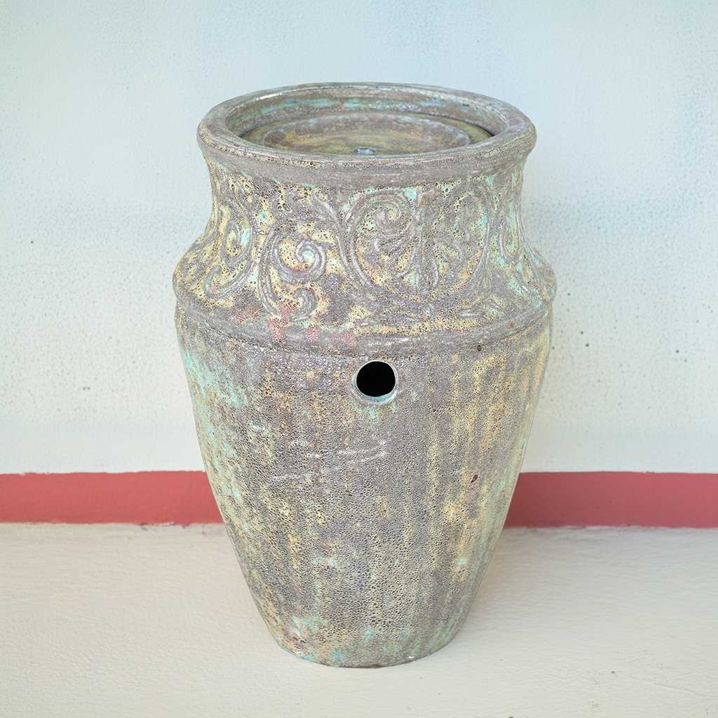 Vase-style ceramic planter with a terra cotta olive aged finish, featuring a gently weathered surface and classic curved form