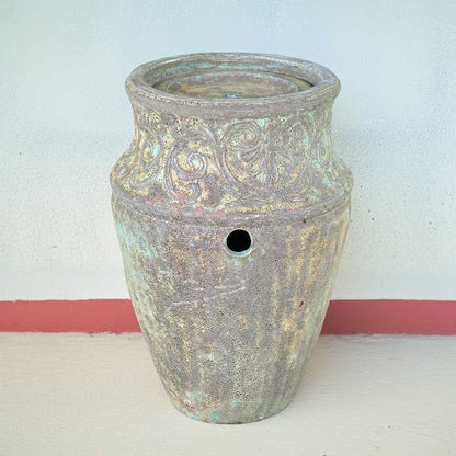 Vase-style ceramic planter with a terra cotta olive aged finish, featuring a gently weathered surface and classic curved form