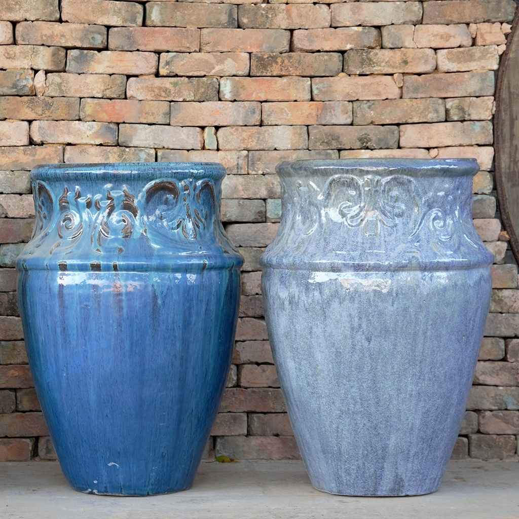 2 Vase-style ceramic planters in glossy blue and gray finish