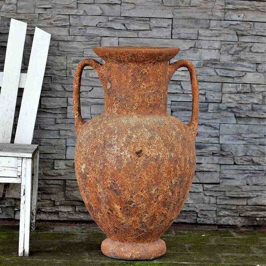 Wholesale Antique amphora ceramic planter with a classic urn shape and a rich rust finish, featuring a weathered, timeworn texture for an old-world charm