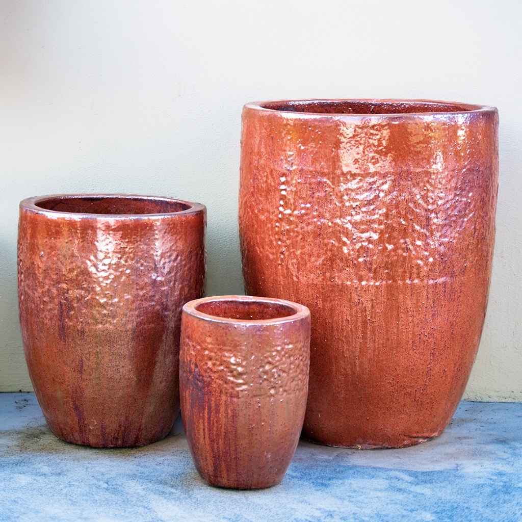 Tall rounded Tuscany ceramic planters in warm reddish brown