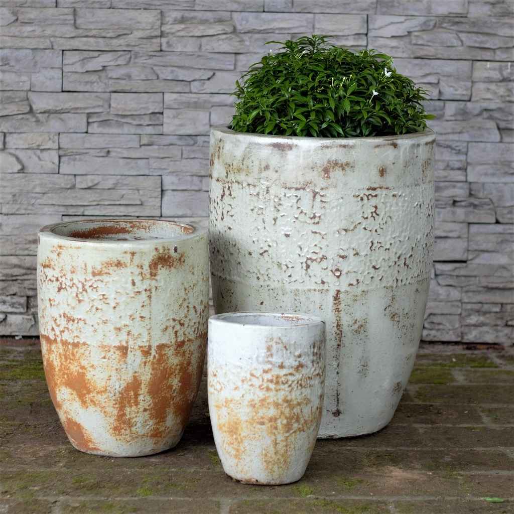 Tuscany tall rounded ceramic planters with a textured, distressed white finish