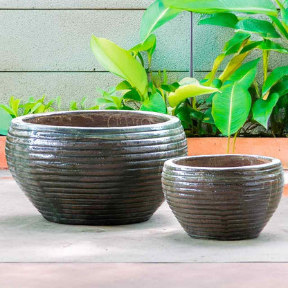 Wholesale Ribbed bowl ceramic planters in brown and green tones