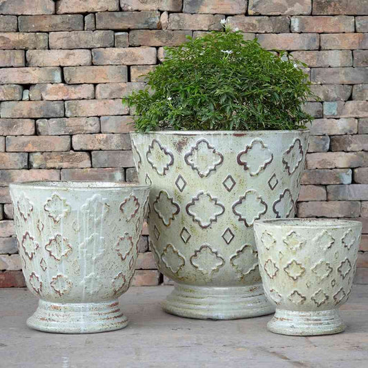 Wholesale Quatrefoil pedestal ceramic planters with a whitewashed finish