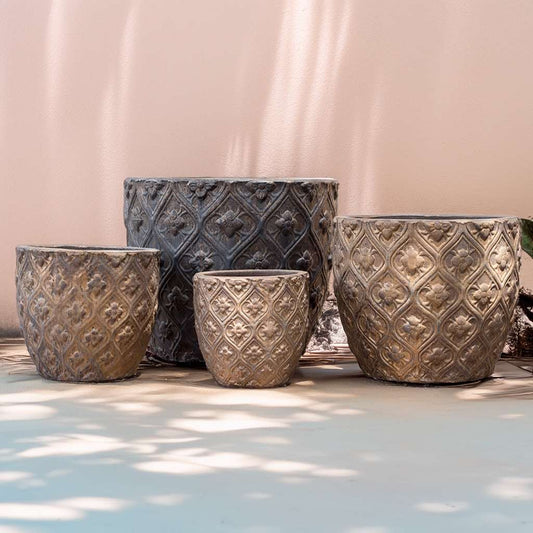 Wholesale Aged antique brass round planters featuring a raised floral lattice texture