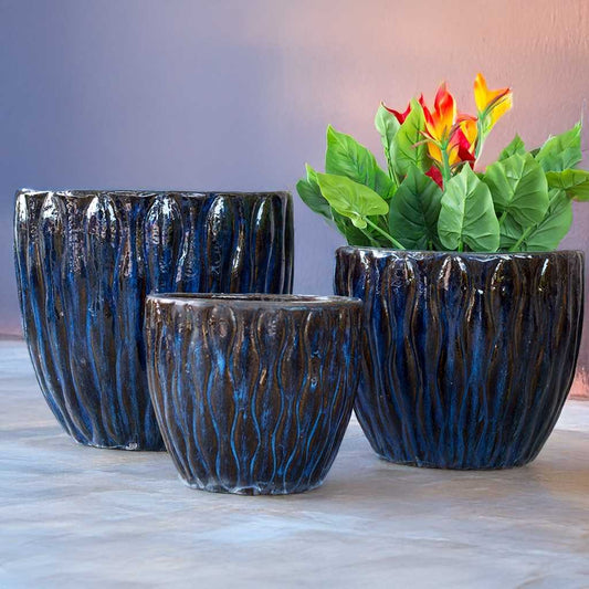 Wholesale Ceramic planter featuring a wavy pattern design with a blue and brown glaze
