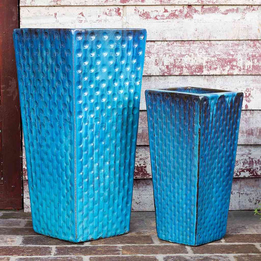 Wholesale Square ceramic planter with dimpled texture in blue, accented by subtle black details