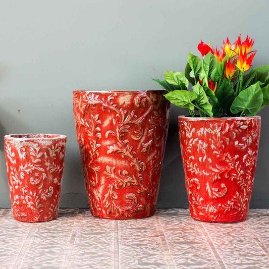 Wholesale Elegant red tall tapered planter featuring an embossed foliage pattern