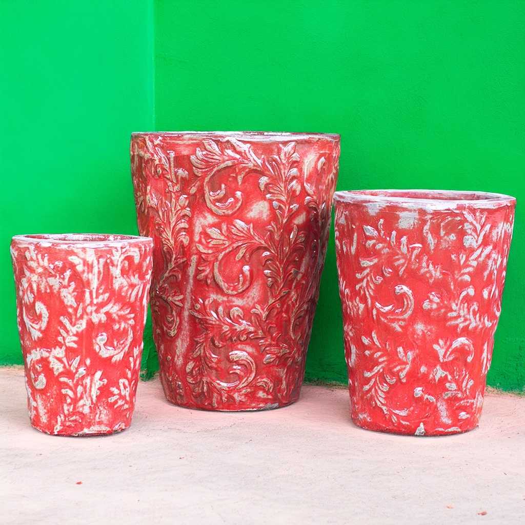 Elegant red tall tapered planter featuring an embossed foliage pattern
